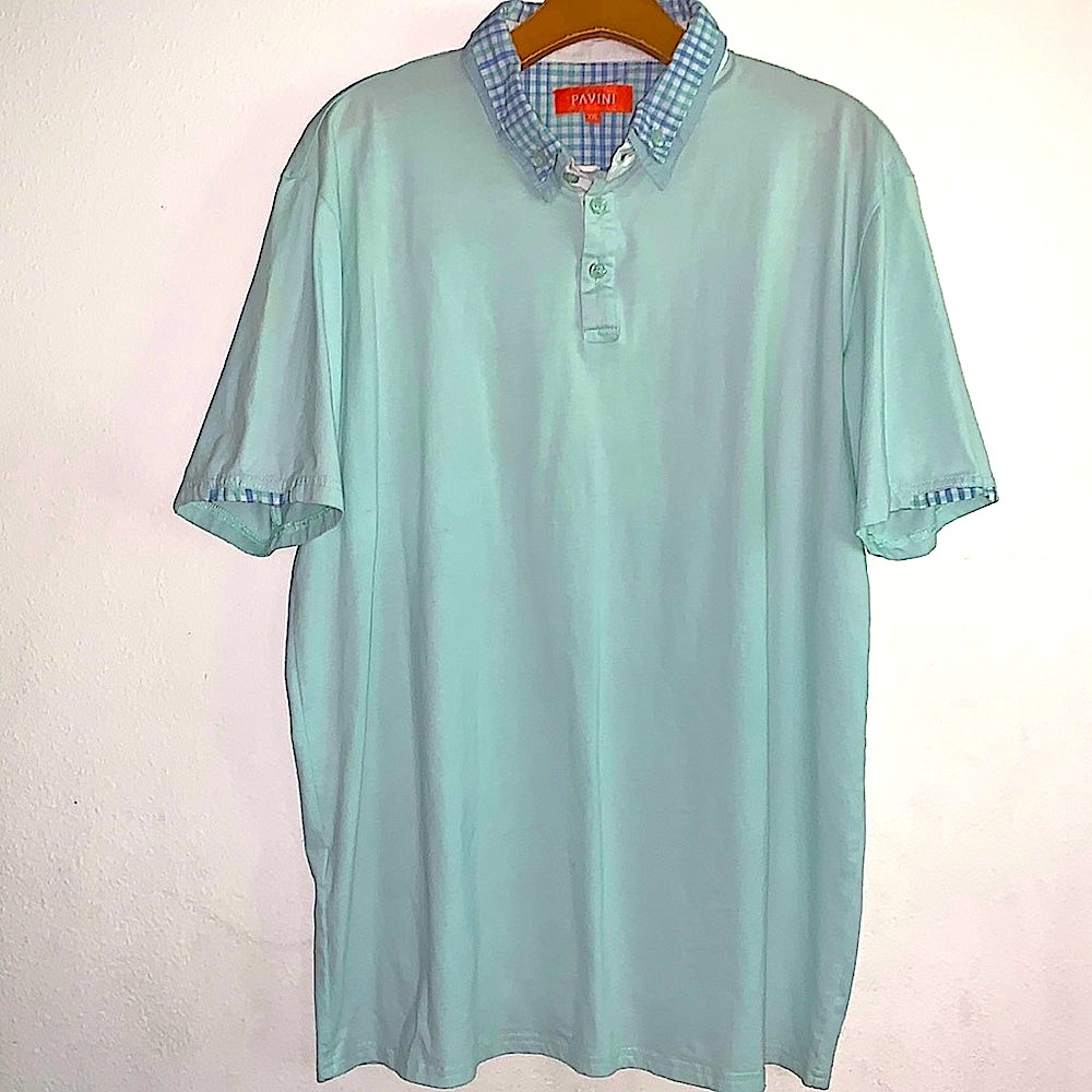 PAVINI Lightest Blue Soft  Cotton Polo Shirt Double Buttoned Plaid Collar XXL